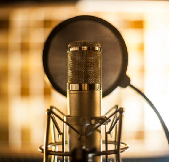 Detail of a condenser microphone in a recording studio.